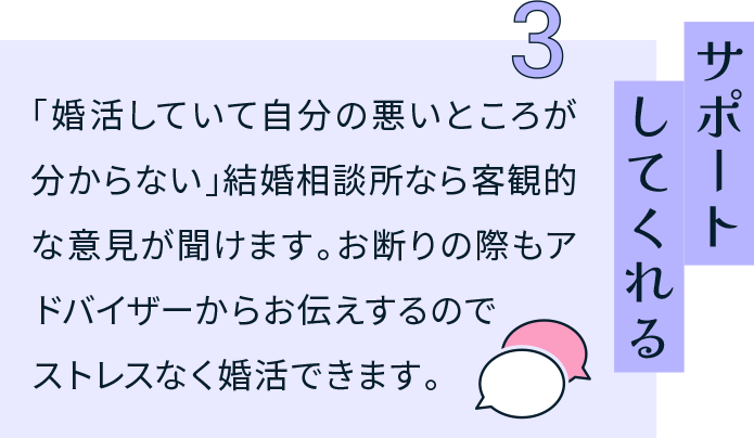 サポートしてくれる 「婚活していて自分の悪いところが分からない」結婚相談所なら客観的な意見が聞けます。お断りの際もアドバイザーからお伝えするのでストレスなく婚活できます。