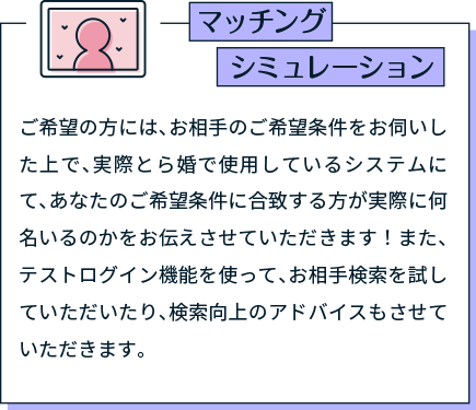 マッチングシミュレーション ご希望の方には、お相手のご希望条件をお伺いした上で、実際とら婚で使用しているシステムにて、あなたのご希望条件に合致する方が実際に何名いるのかをお伝えさせていただきます！また、テストログイン機能を使って、お相手検索を試していただいたり、検索向上のアドバイスもさせていただきます。