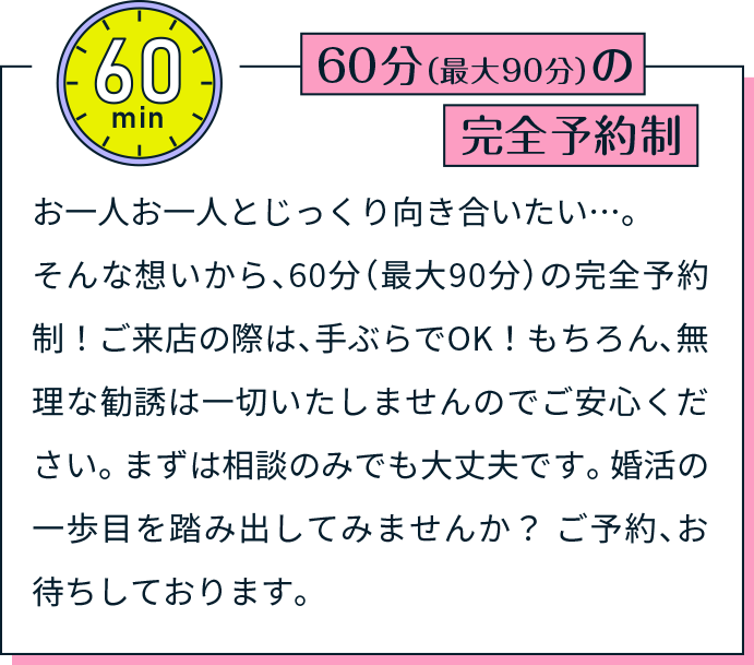 60分（最大90分）の完全予約制 お一人お一人とじっくり向き合いたい…。そんな想いから、60分（最大90分）の完全予約制！ご来店の際は、手ぶらでOK！もちろん、無理な勧誘は一切いたしませんのでご安心ください。 まずは相談のみでも大丈夫です。 婚活の一歩目を踏み出してみませんか？ ご予約、お待ちしております。