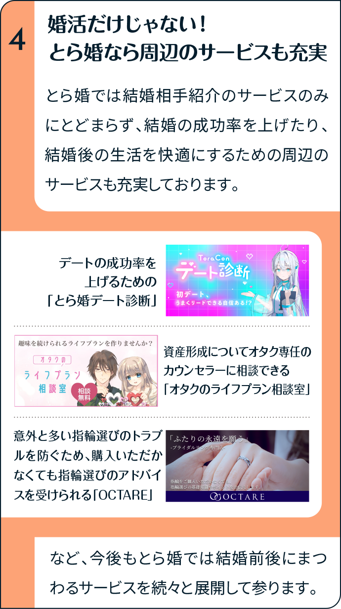 婚活だけじゃない！とら婚なら周辺のサービスも充実 とら婚では結婚相手紹介のサービスのみにとどまらず、結婚の成功率を上げたり、結婚後の生活を快適にするための周辺のサービスも充実しております。デートの成功率を上げるための「とら婚デート診断」 資産形成についてオタク専任のカウンセラーに相談できる「オタクのライフプラン相談室」 意外と多い指輪選びのトラブルを防ぐため、購入いただかなくても指輪選びのアドバイスを受けられる「OCTARE」 など、今後もとら婚では結婚前後にまつわるサービスを続々と展開して参ります。